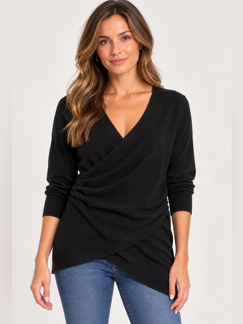 Anthropologie Postmark Women’s M Black Wrap V-Neck Knit Pullover Sweater Tunic